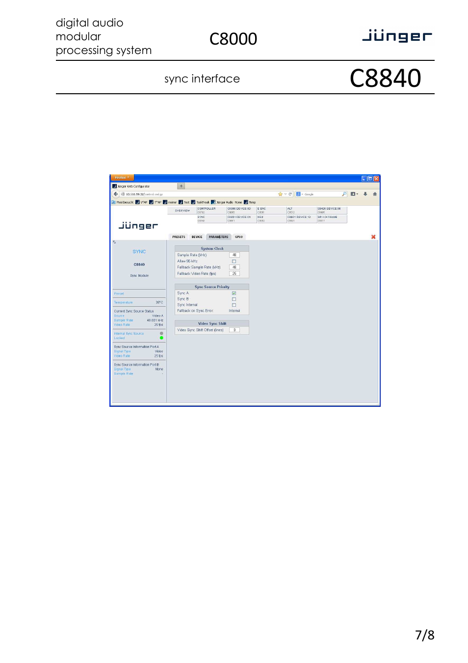 C8840, C8000, Sync interface | Digital audio modular processing system | Junger Audio C8840 - Sync interface User Manual | Page 7 / 8