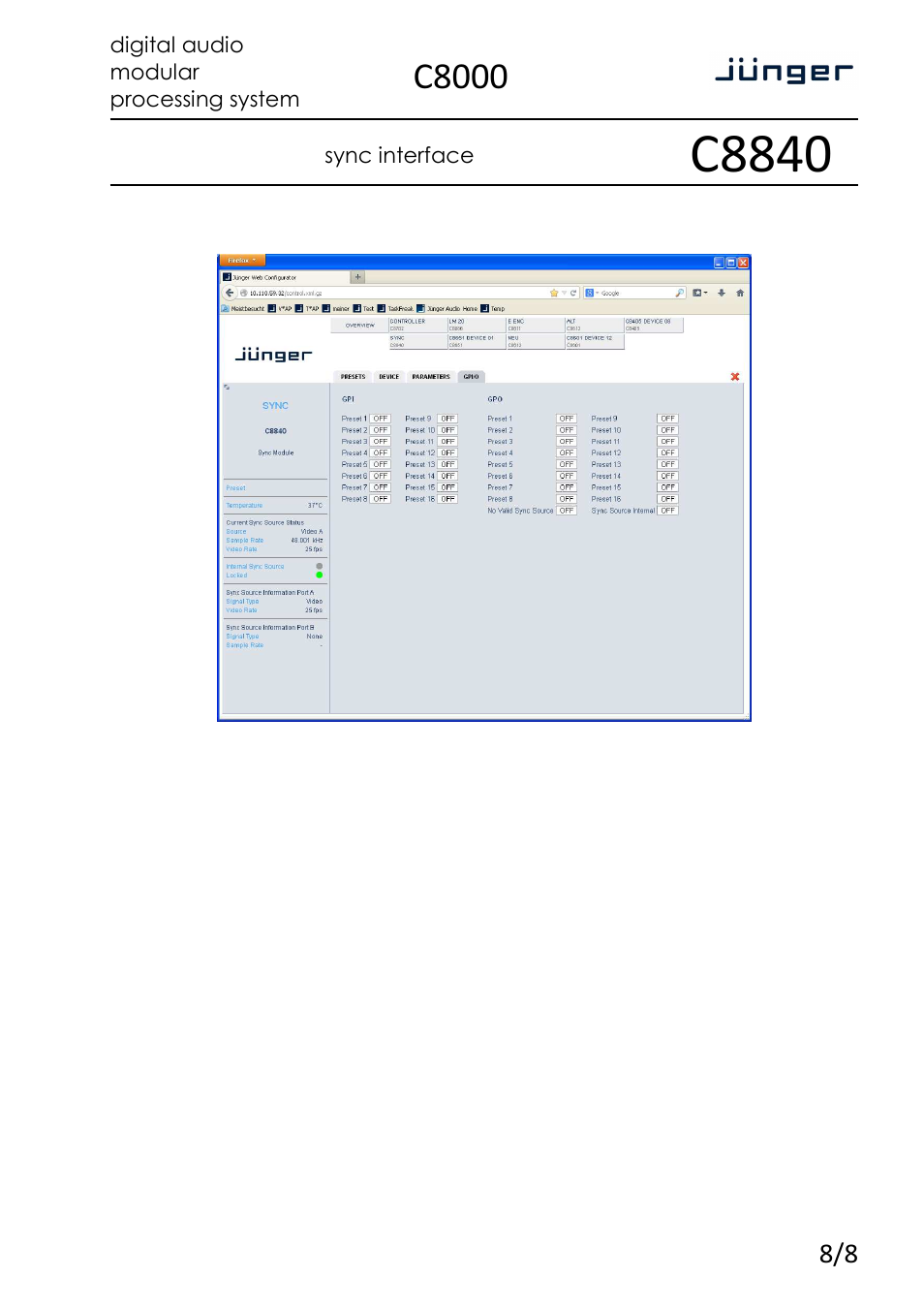 C8840, C8000 | Junger Audio C8840 - Sync interface User Manual | Page 8 / 8