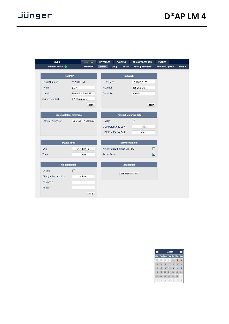 D*ap lm 4, Web gui – system – admin | Junger Audio D*AP LM2 / D*AP LM4 - Digital Audio Processor User Manual | Page 14 / 56