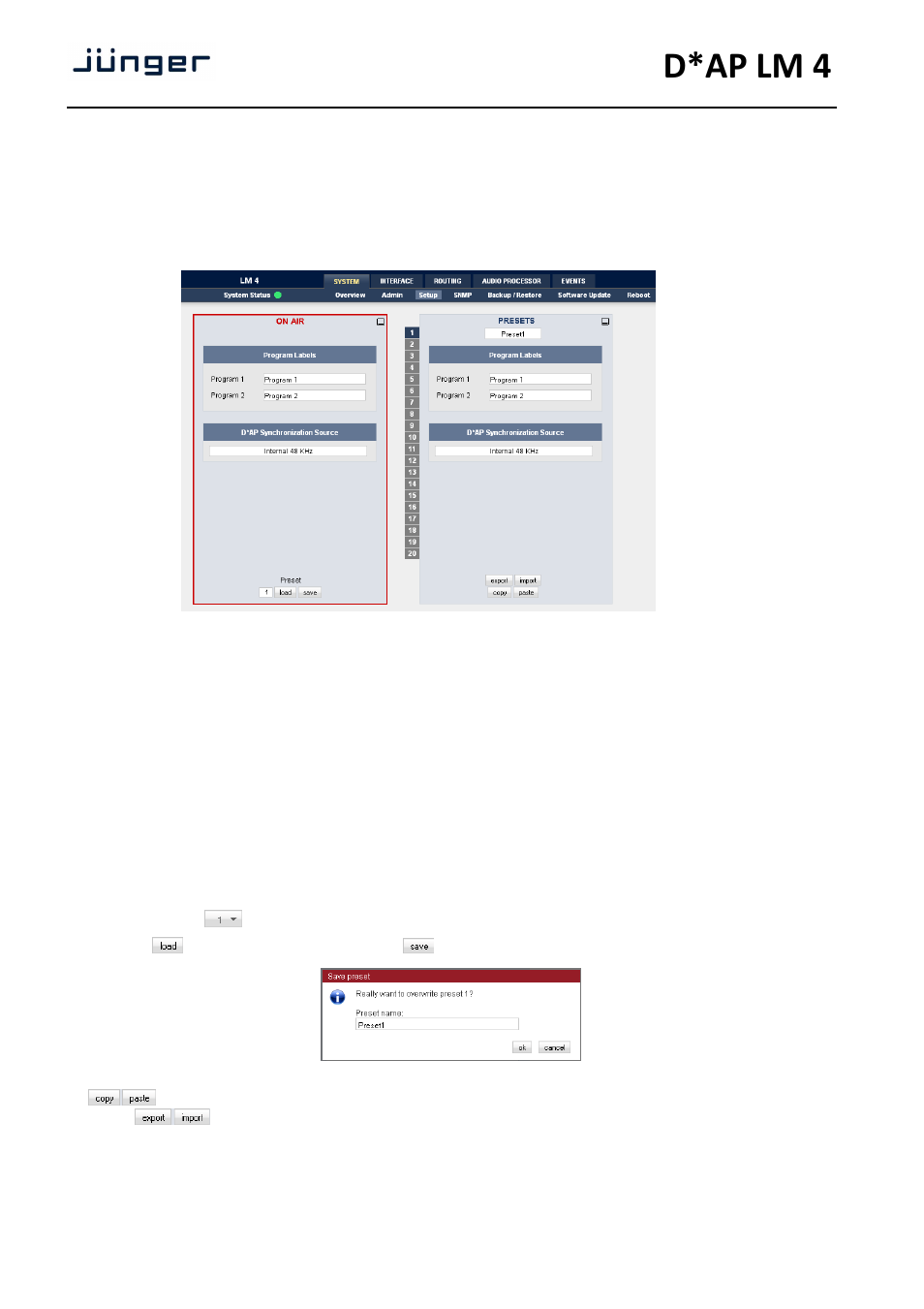 D*ap lm 4, Web gui – system – setup, Web gui – system – the preset concept | Junger Audio D*AP LM2 / D*AP LM4 - Digital Audio Processor User Manual | Page 16 / 56
