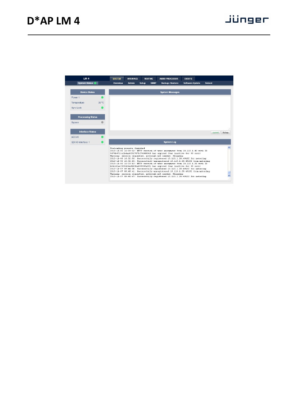 D*ap lm 4, Web gui – system – system status | Junger Audio D*AP LM2 / D*AP LM4 - Digital Audio Processor User Manual | Page 19 / 56