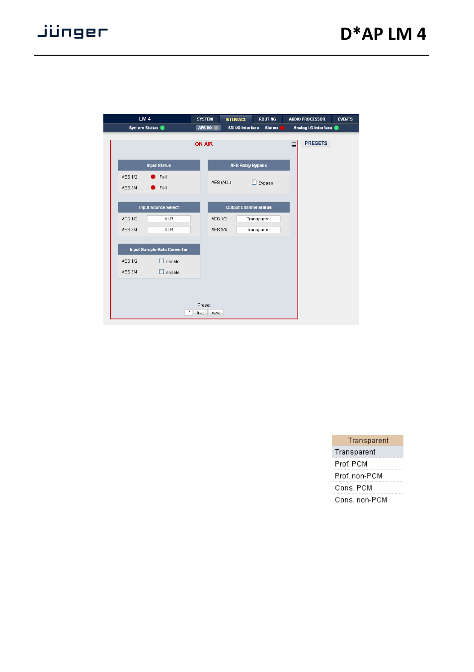 D*ap lm 4, Web gui – interface – aes i/o | Junger Audio D*AP LM2 / D*AP LM4 - Digital Audio Processor User Manual | Page 20 / 56