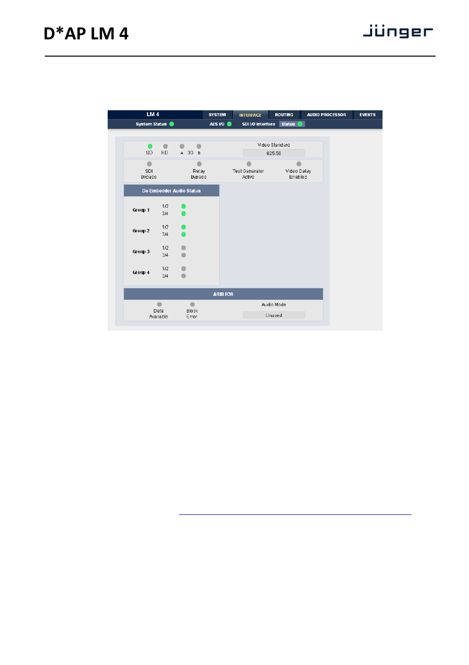 D*ap lm 4, Web gui – interface – sdi i/o interface – status | Junger Audio D*AP LM2 / D*AP LM4 - Digital Audio Processor User Manual | Page 25 / 56