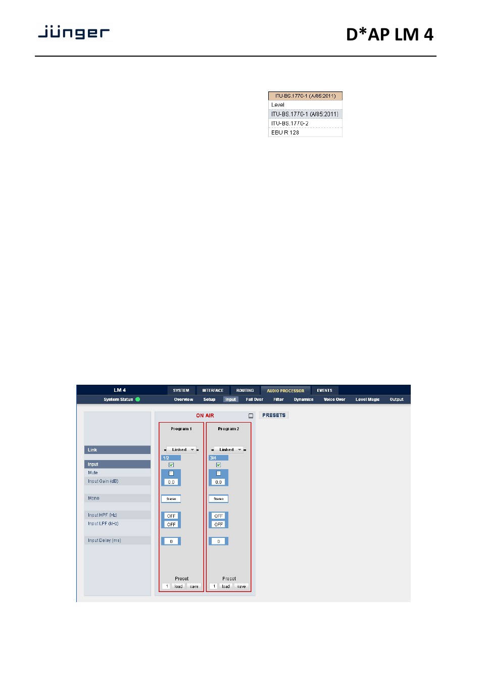 D*ap lm 4, Web gui – audio processor – input | Junger Audio D*AP LM2 / D*AP LM4 - Digital Audio Processor User Manual | Page 28 / 56