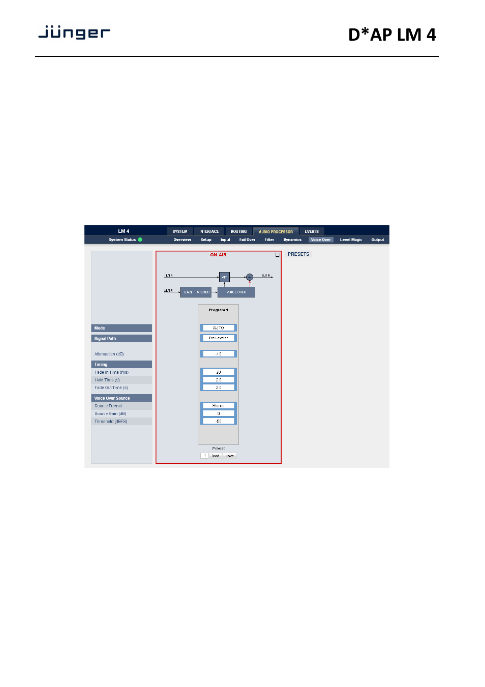 D*ap lm 4, Web gui – audio processor – voice over | Junger Audio D*AP LM2 / D*AP LM4 - Digital Audio Processor User Manual | Page 34 / 56