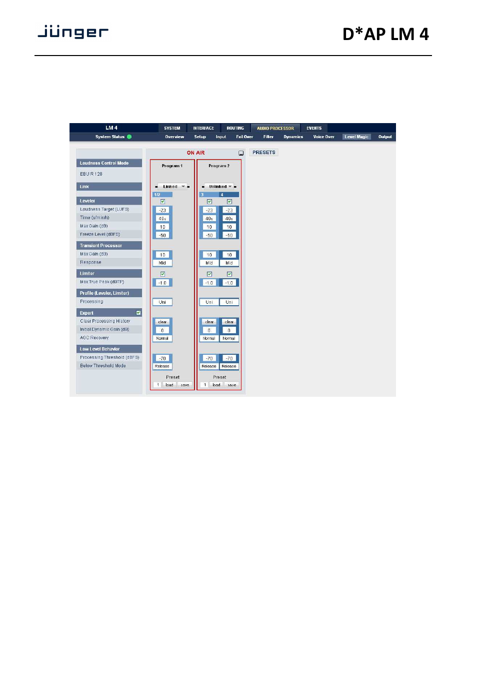 D*ap lm 4, Web gui – audio processor – level magic | Junger Audio D*AP LM2 / D*AP LM4 - Digital Audio Processor User Manual | Page 36 / 56