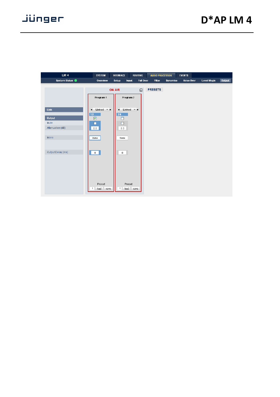 D*ap lm 4, Web gui – audio processor – output, Web gui – events – trigger – trigger configuration | Junger Audio D*AP LM2 / D*AP LM4 - Digital Audio Processor User Manual | Page 38 / 56