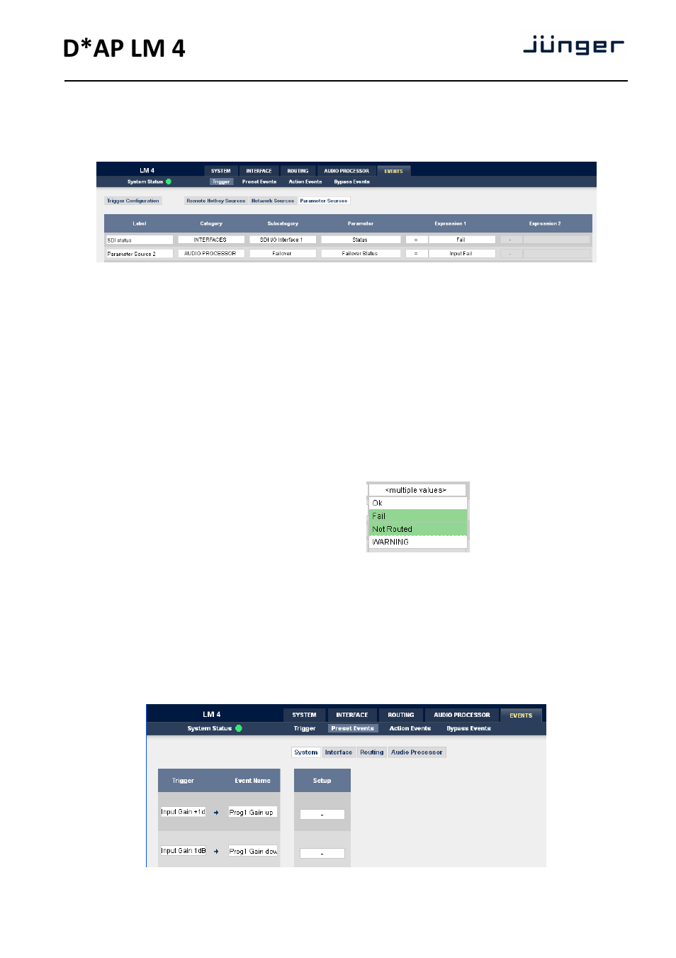 D*ap lm 4, Web gui – events – trigger – parameter sources, Web gui – events – preset events – system | Junger Audio D*AP LM2 / D*AP LM4 - Digital Audio Processor User Manual | Page 41 / 56