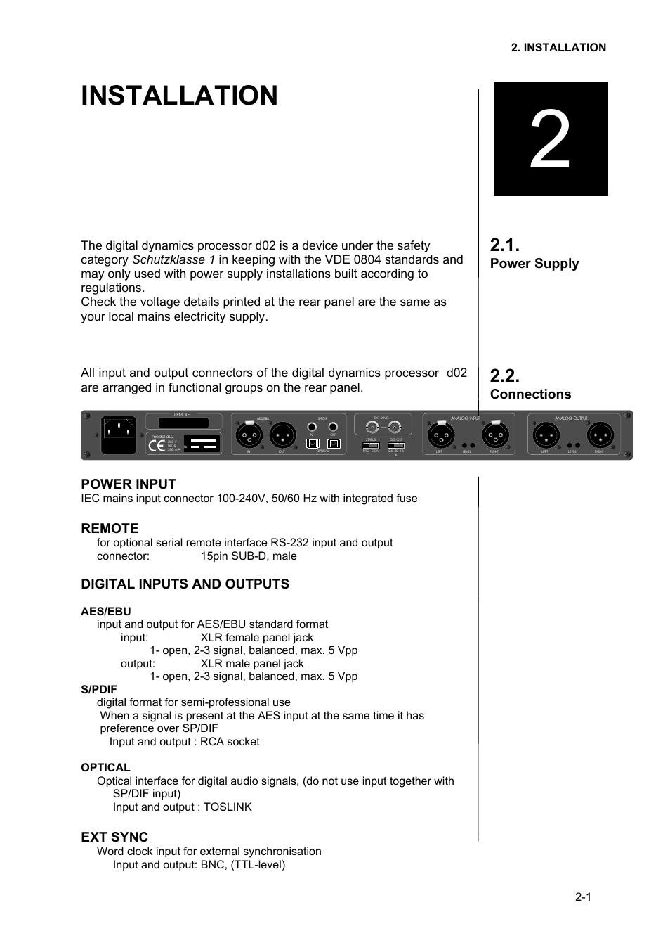 Installation, Power supply, Connections | Power input, Remote, Digital inputs and outputs, Ext sync | Junger Audio d02 - Digital Dynamics Processor User Manual | Page 13 / 36