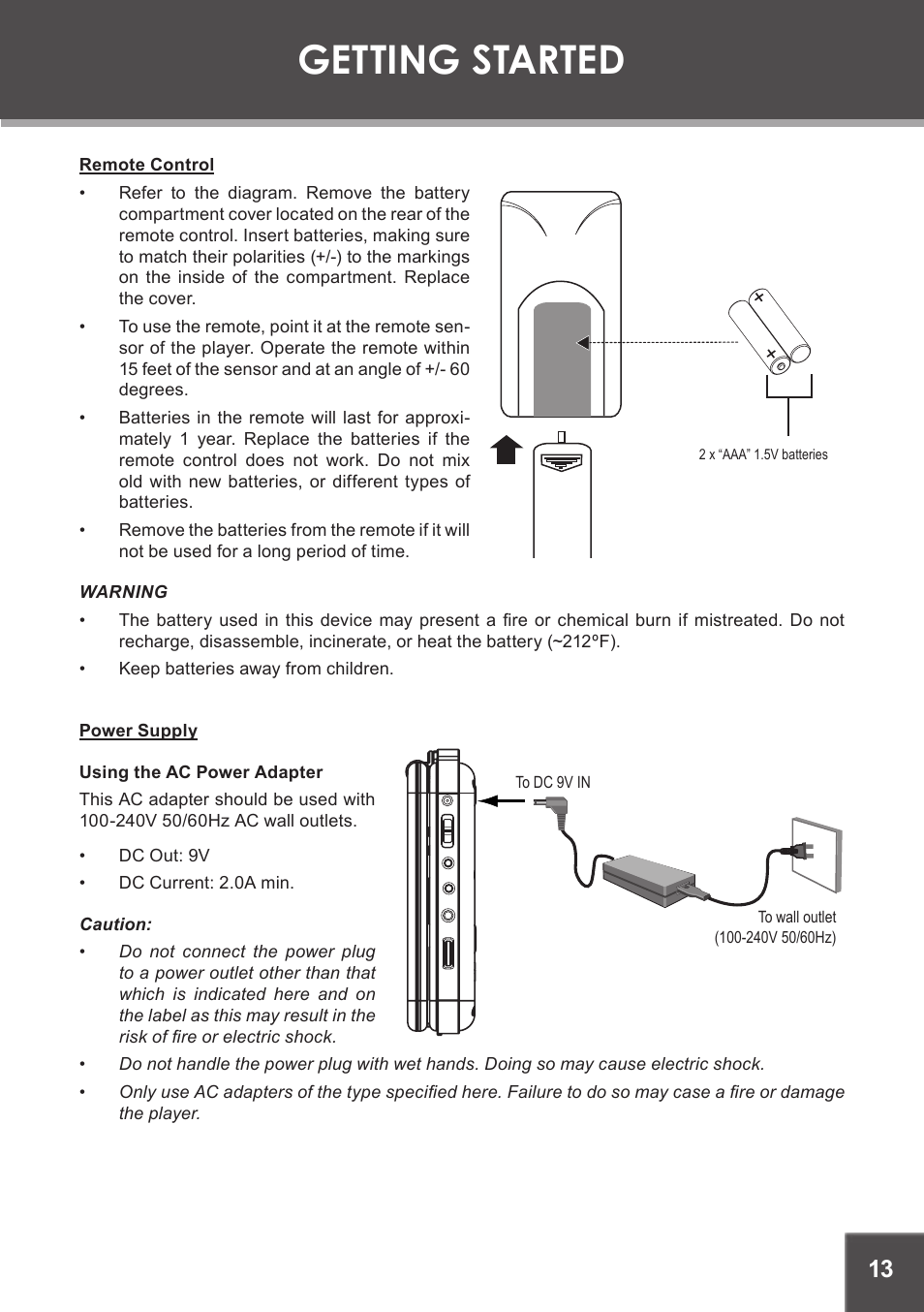 Remote control, Power supply, Using the ac power adapter | Getting started | COBY electronic TF-DVD7380 User Manual | Page 13 / 32