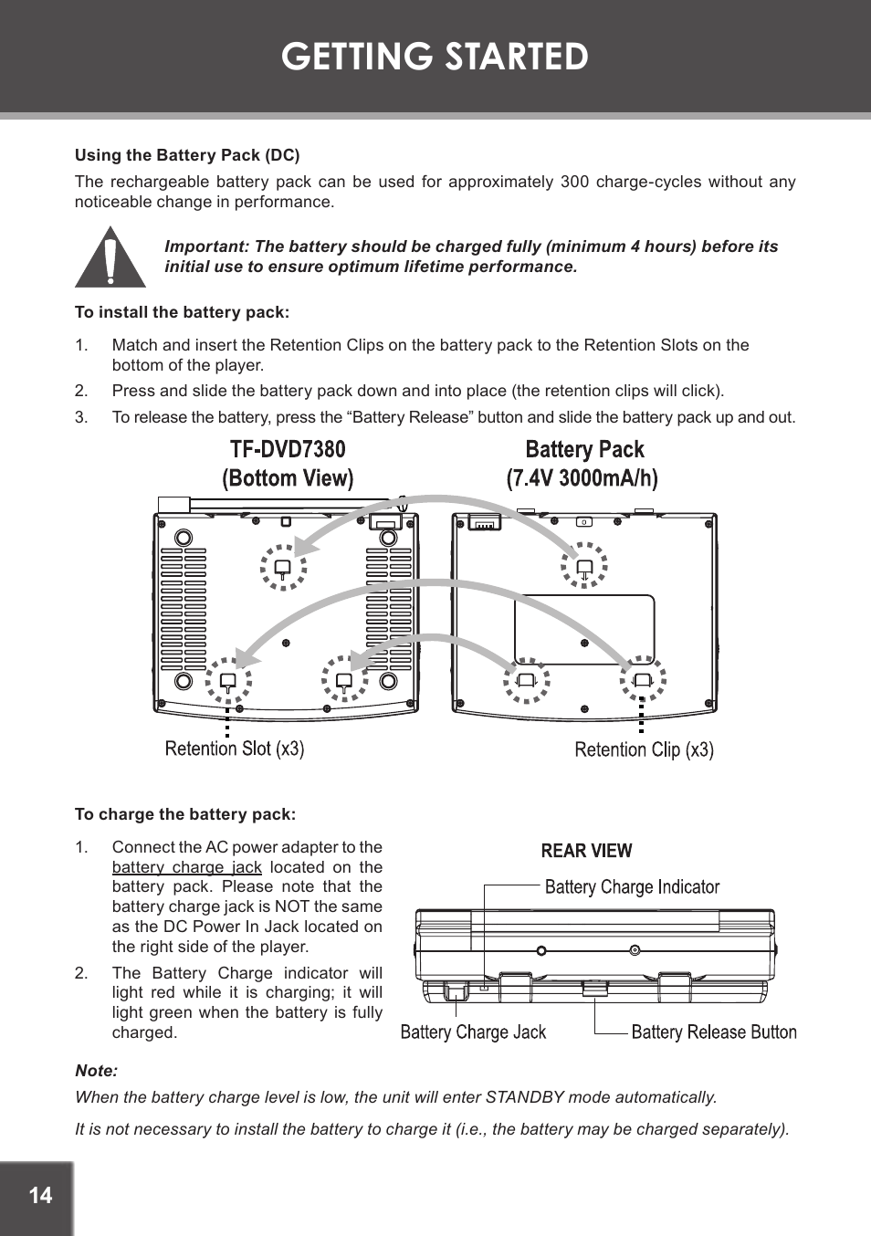 Using the battery pack (dc), Getting started | COBY electronic TF-DVD7380 User Manual | Page 14 / 32