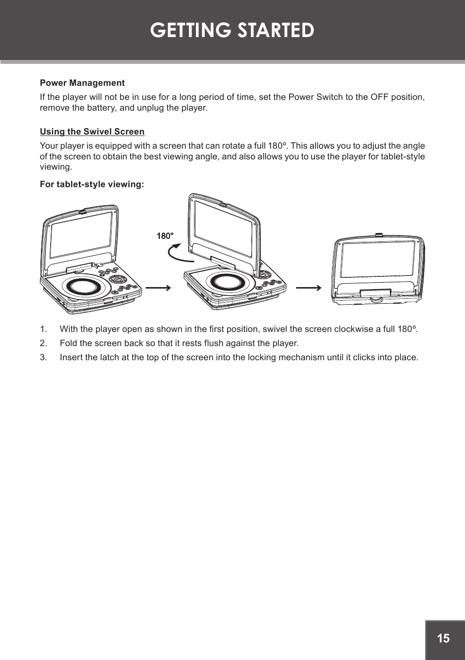 Power management, Using the swivel screen, Getting started | COBY electronic TF-DVD7380 User Manual | Page 15 / 32