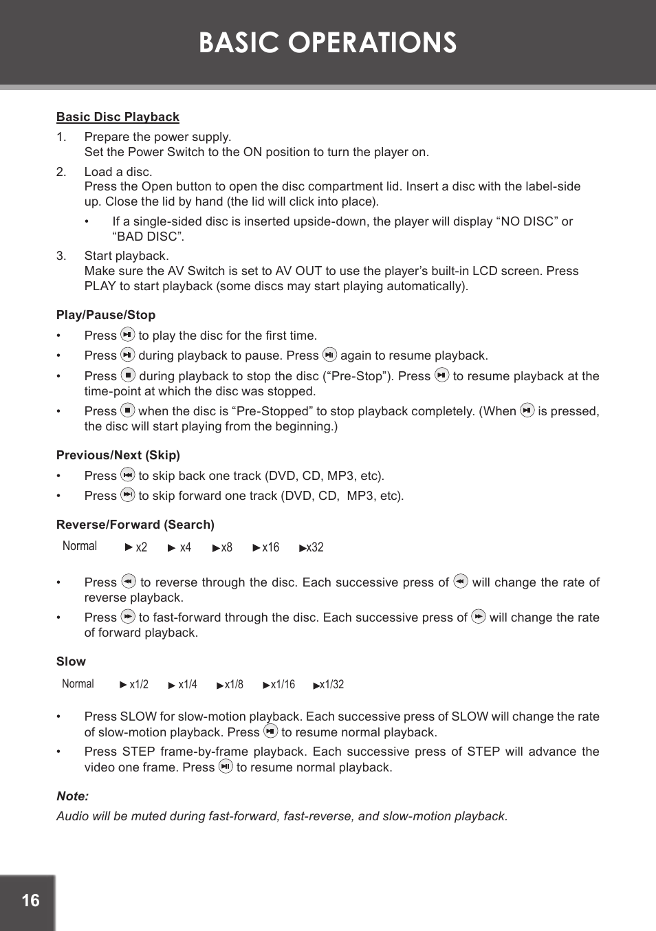 Basic operations, Basic disc playback, Play/pause/stop | Previous/next (skip), Reverse/forward (search), Slow | COBY electronic TF-DVD7380 User Manual | Page 16 / 32