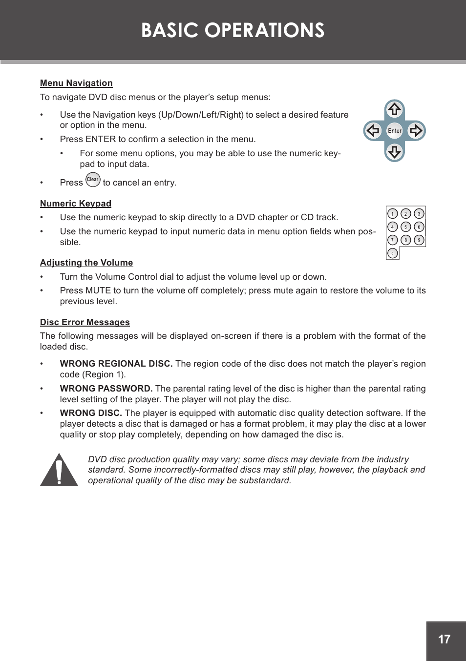 Menu navigation, Numeric keypad, Adjusting the volume | Disc error messages, Basic operations | COBY electronic TF-DVD7380 User Manual | Page 17 / 32