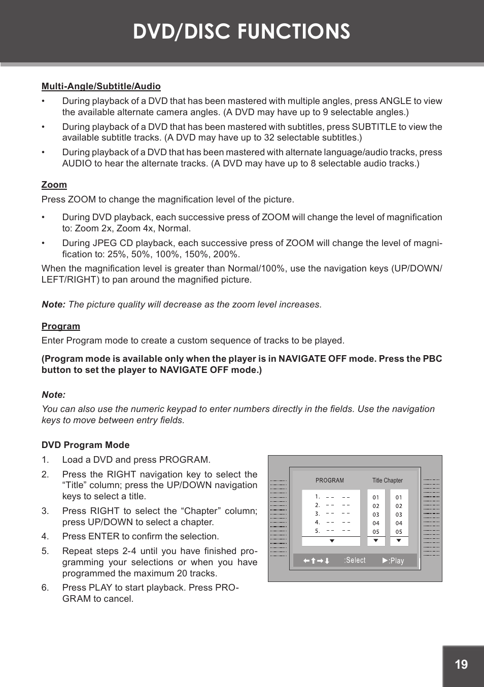 Multi-angle/subtitle/audio, Zoom, Program | Dvd program mode, Dvd/disc functions | COBY electronic TF-DVD7380 User Manual | Page 19 / 32