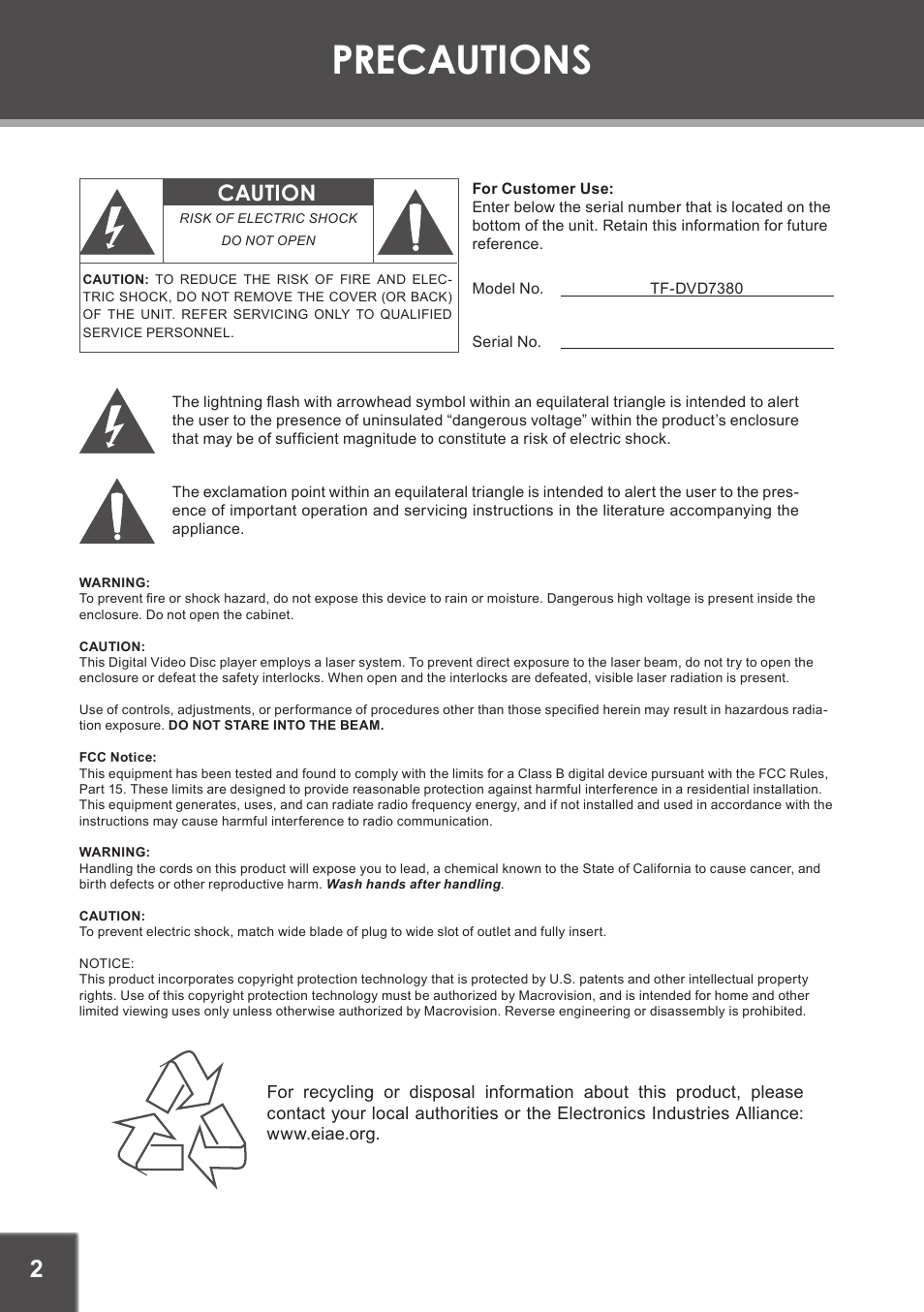 Precautions, Caution | COBY electronic TF-DVD7380 User Manual | Page 2 / 32