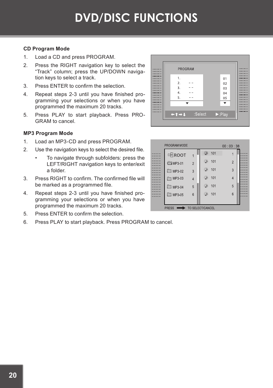 Cd program mode, Mp3 program mode, Dvd/disc functions | COBY electronic TF-DVD7380 User Manual | Page 20 / 32