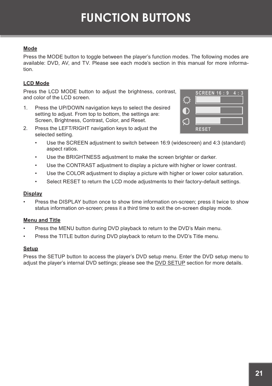 Function buttons, Mode, Lcd mode | Display, Menu and title, Setup | COBY electronic TF-DVD7380 User Manual | Page 21 / 32