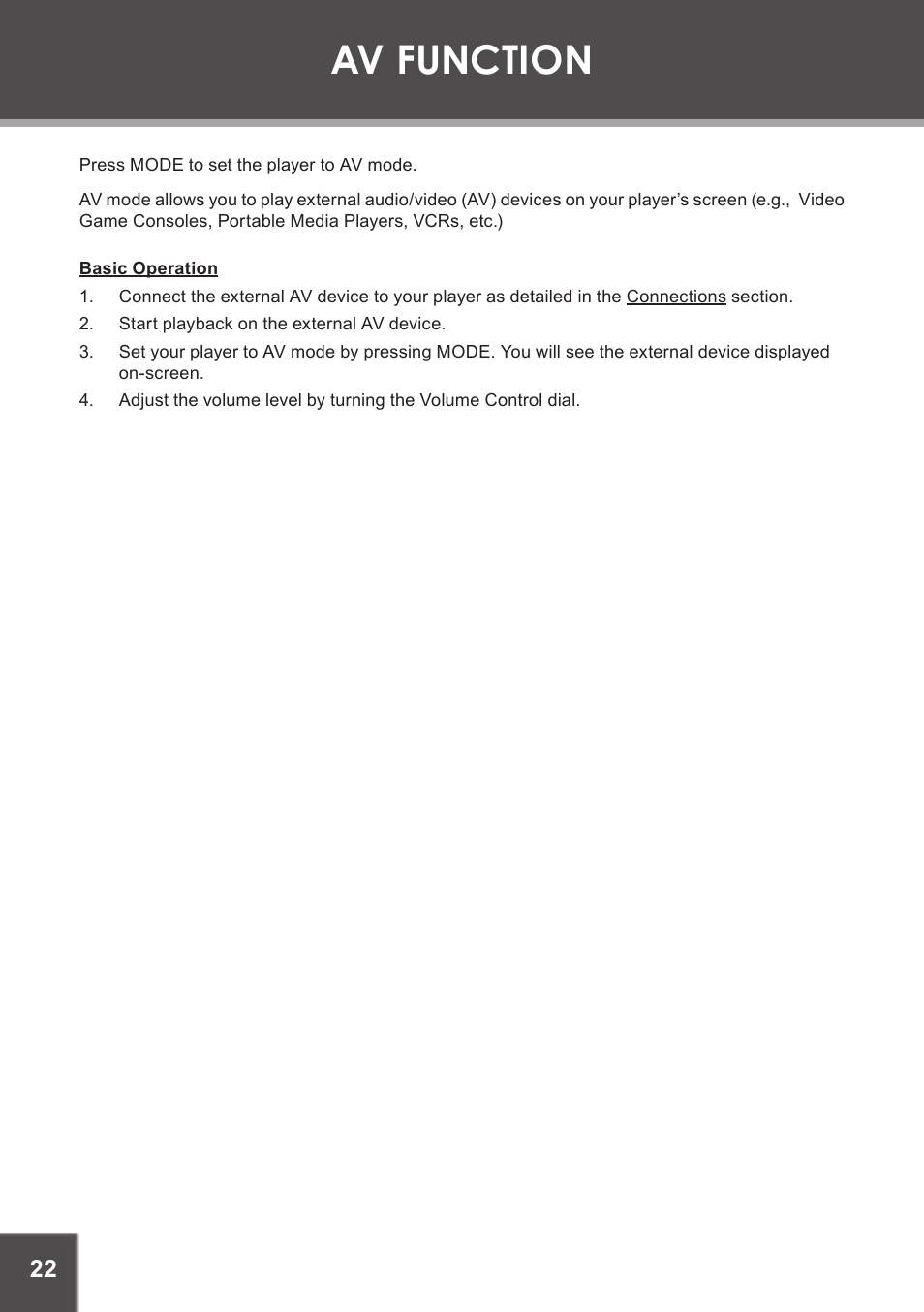 Av function, Basic operation | COBY electronic TF-DVD7380 User Manual | Page 22 / 32