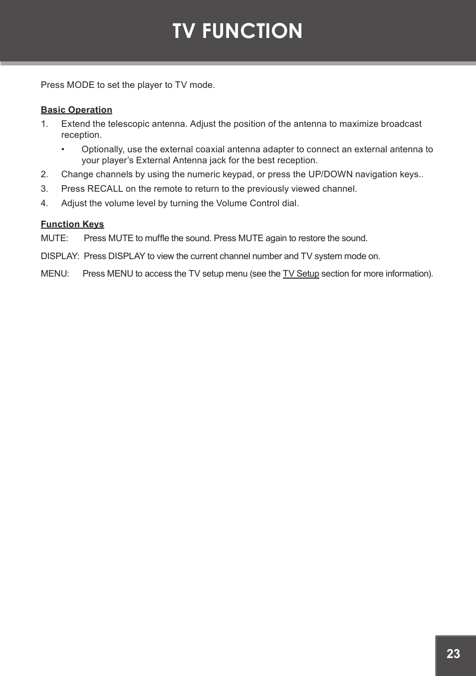 Tv function, Basic operation, Function keys | COBY electronic TF-DVD7380 User Manual | Page 23 / 32