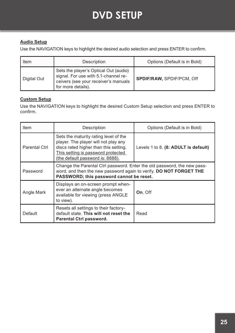 Audio setup, Custom setup, Dvd setup | COBY electronic TF-DVD7380 User Manual | Page 25 / 32