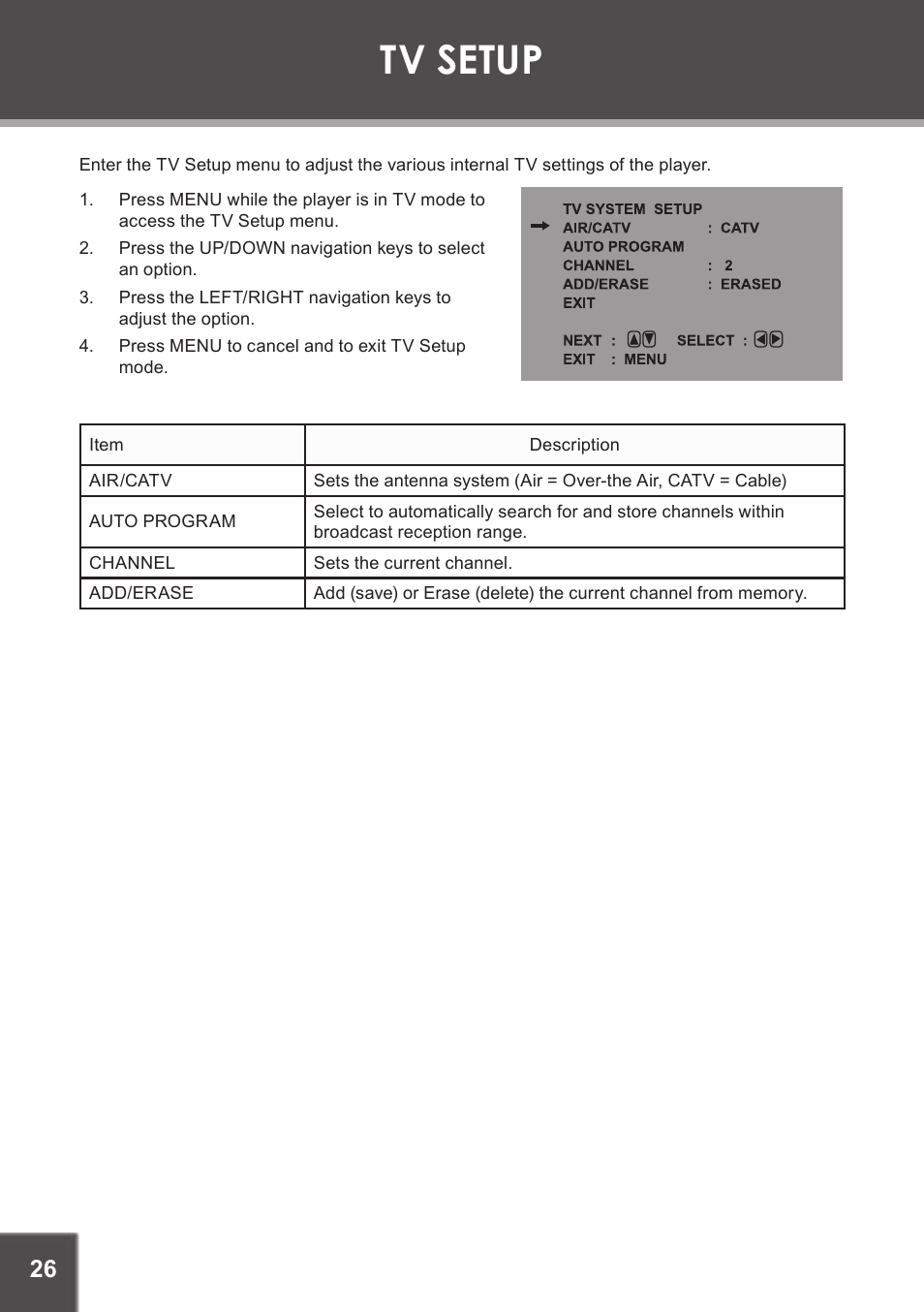 Tv setup | COBY electronic TF-DVD7380 User Manual | Page 26 / 32