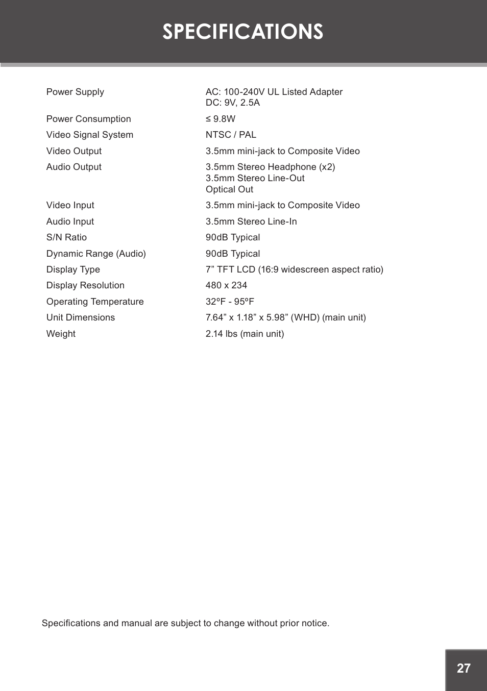 Specifications | COBY electronic TF-DVD7380 User Manual | Page 27 / 32