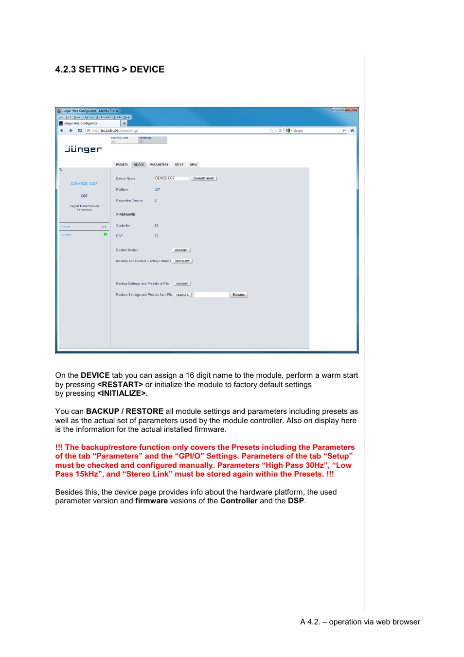 3 setting > device | Junger Audio d07 - Digital Transmission Processor User Manual | Page 27 / 68