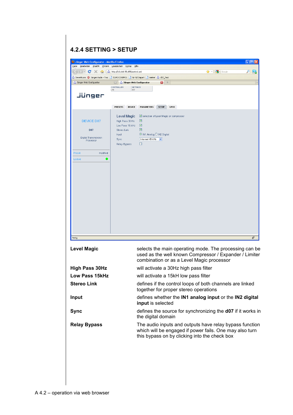 4 setting > setup | Junger Audio d07 - Digital Transmission Processor User Manual | Page 28 / 68
