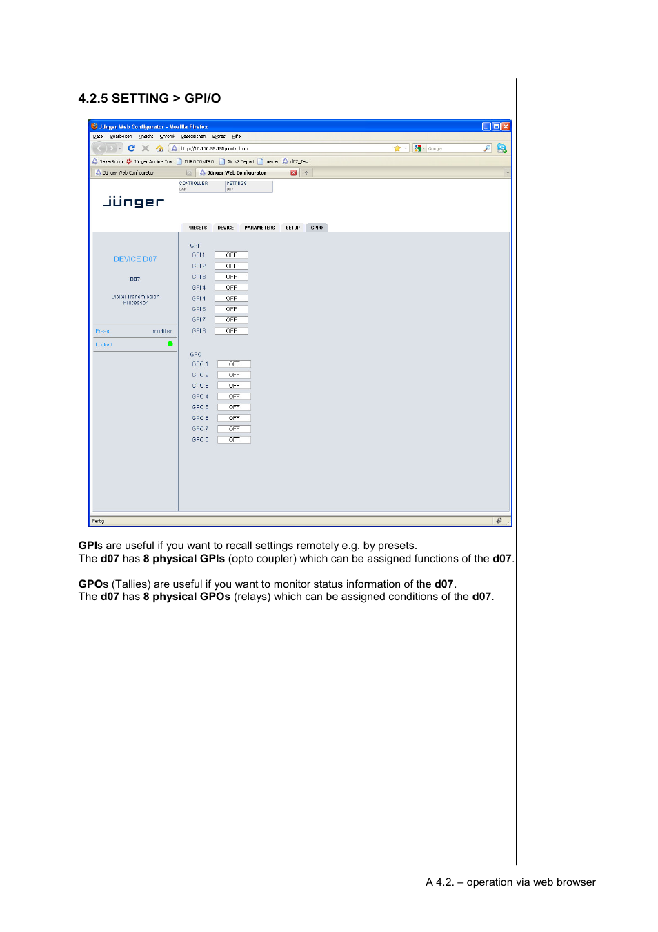 5 setting > gpi/o | Junger Audio d07 - Digital Transmission Processor User Manual | Page 29 / 68