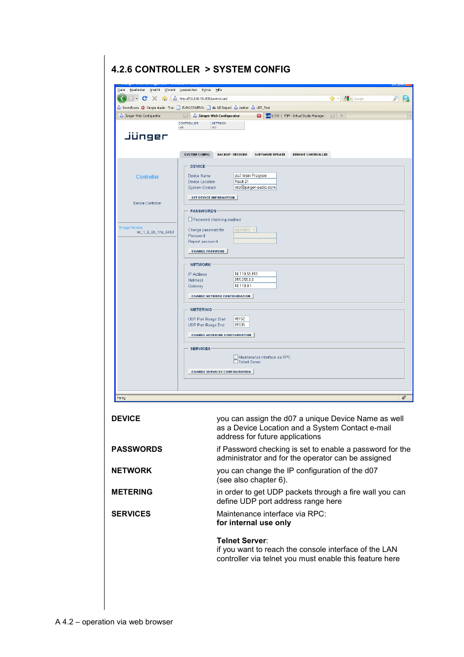 6 controller > system config | Junger Audio d07 - Digital Transmission Processor User Manual | Page 30 / 68