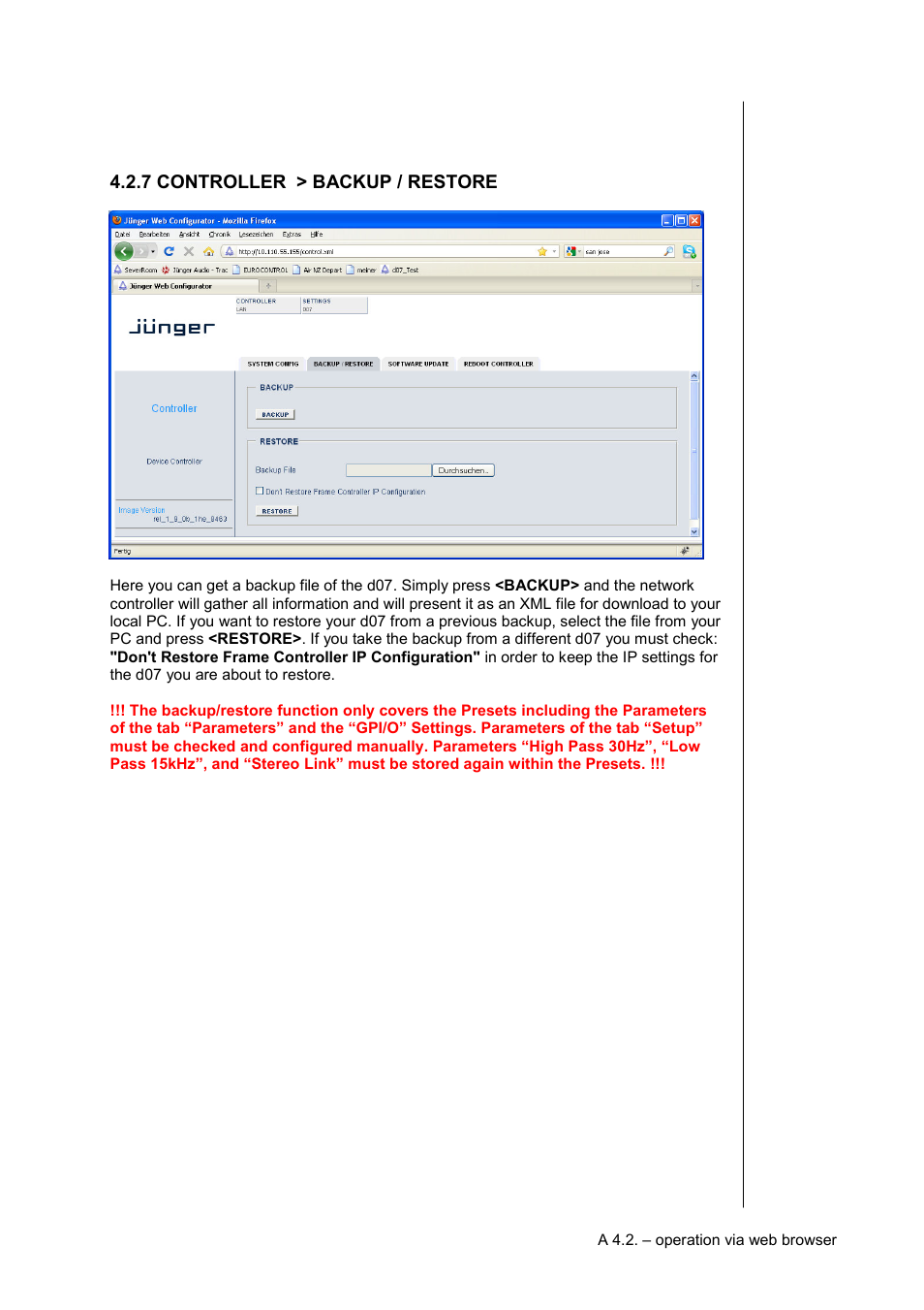 7 controller > backup / restore | Junger Audio d07 - Digital Transmission Processor User Manual | Page 31 / 68