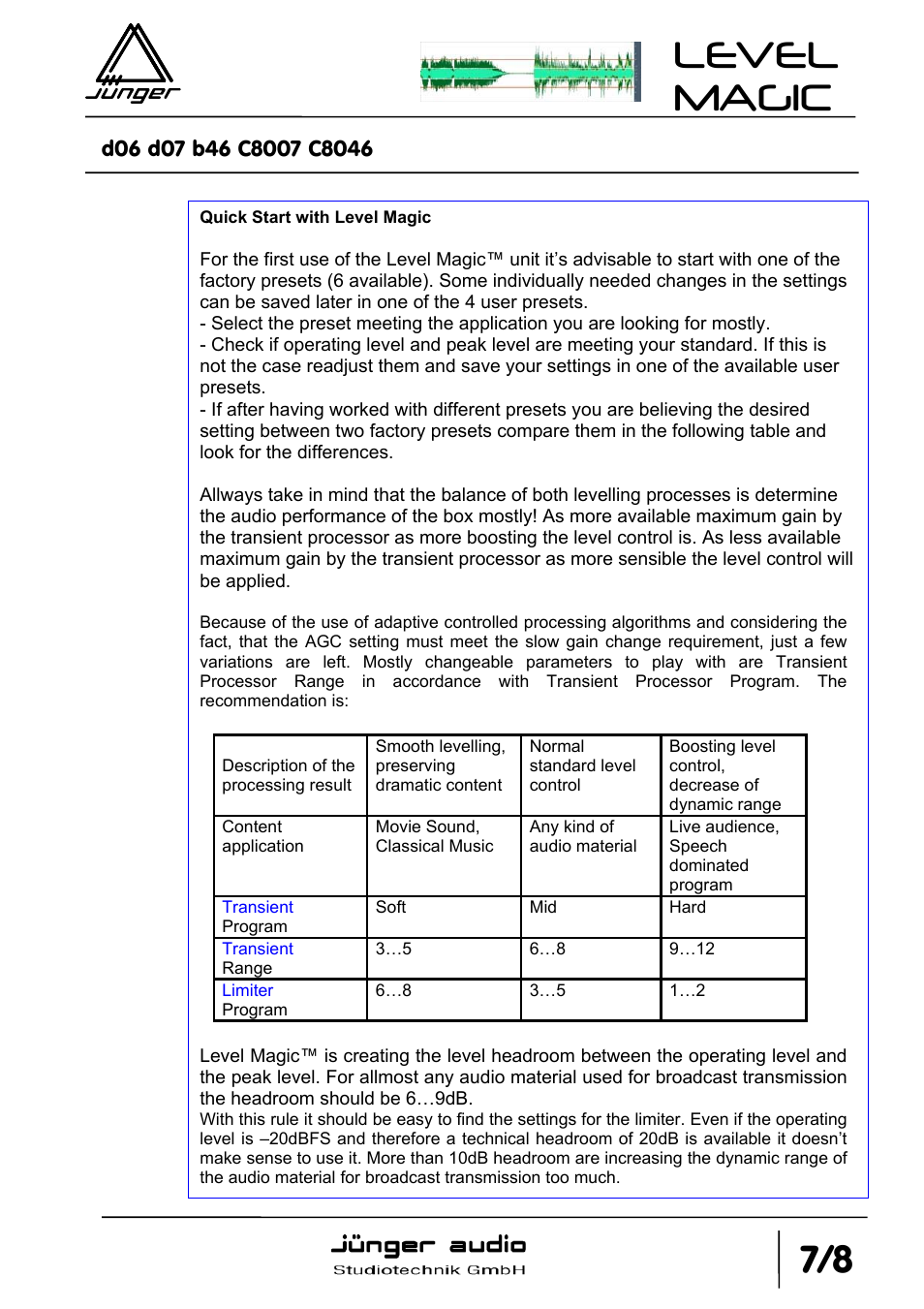 Level magic | Junger Audio Transmission processor Level Magic LT User Manual | Page 39 / 48