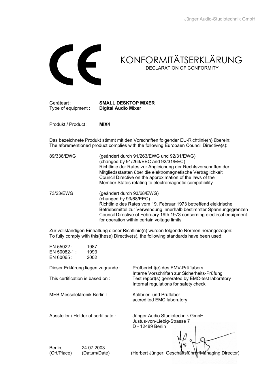 Konformitätserklärung | Junger Audio MIX4 Small Desktop Mixer User Manual | Page 71 / 72