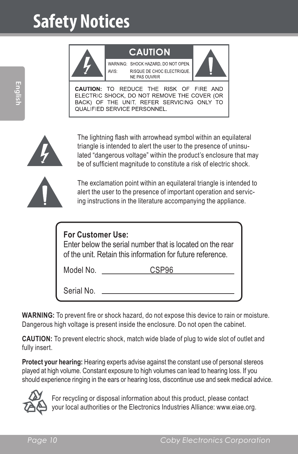 Safety notices | COBY electronic CSP96 User Manual | Page 10 / 41