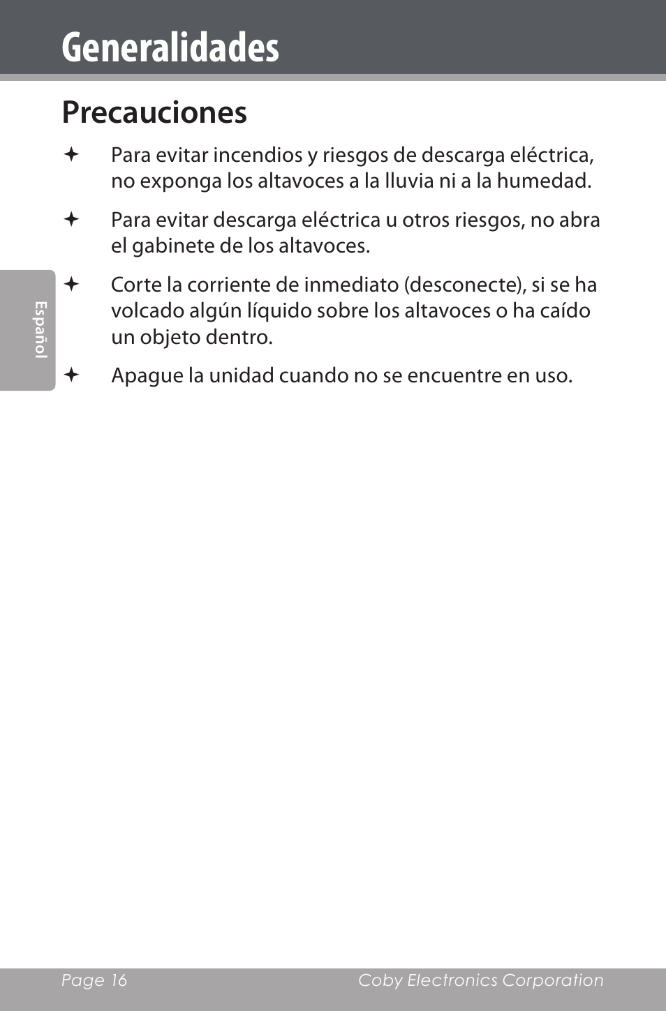 Precauciones, Generalidades | COBY electronic CSP96 User Manual | Page 16 / 41