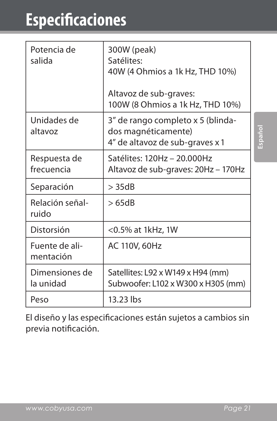 Especificaciones | COBY electronic CSP96 User Manual | Page 21 / 41