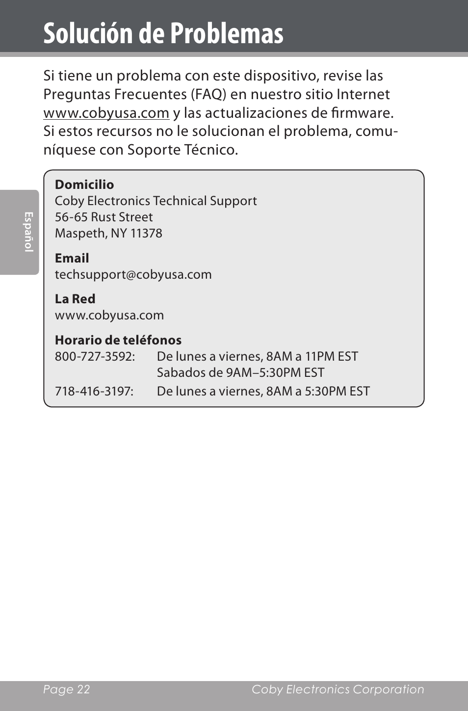 Solución de problemas | COBY electronic CSP96 User Manual | Page 22 / 41