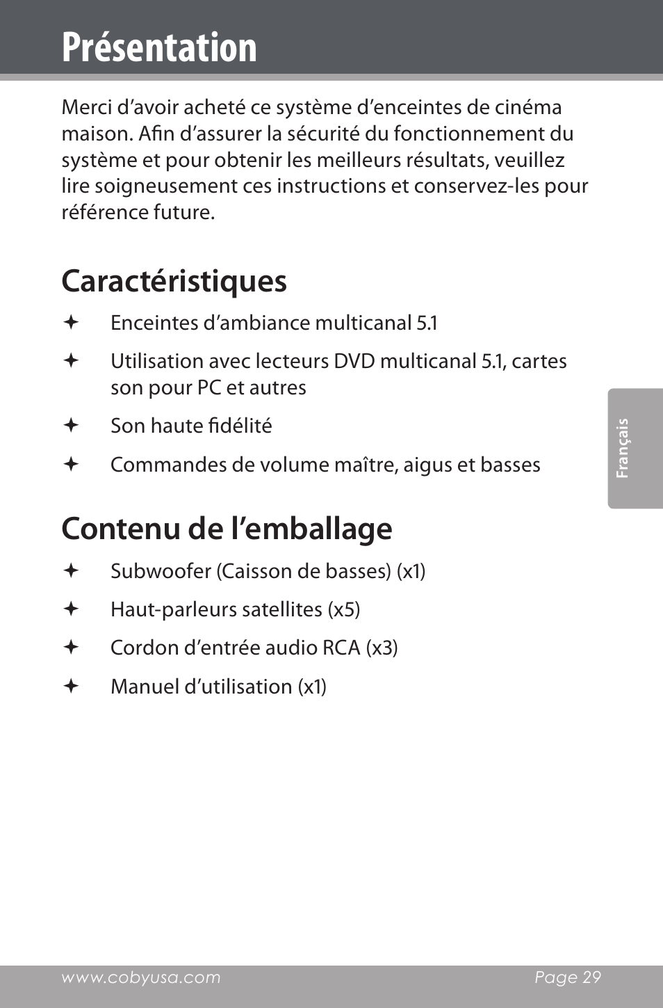 Présentation, Caractéristiques, Contenu de l’emballage | COBY electronic CSP96 User Manual | Page 29 / 41