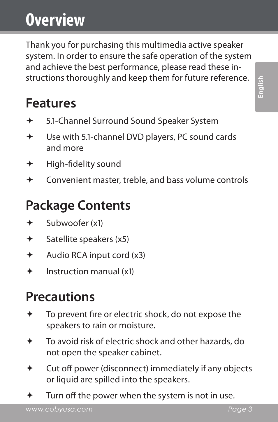 Overview, Features, Package contents | Precautions | COBY electronic CSP96 User Manual | Page 3 / 41
