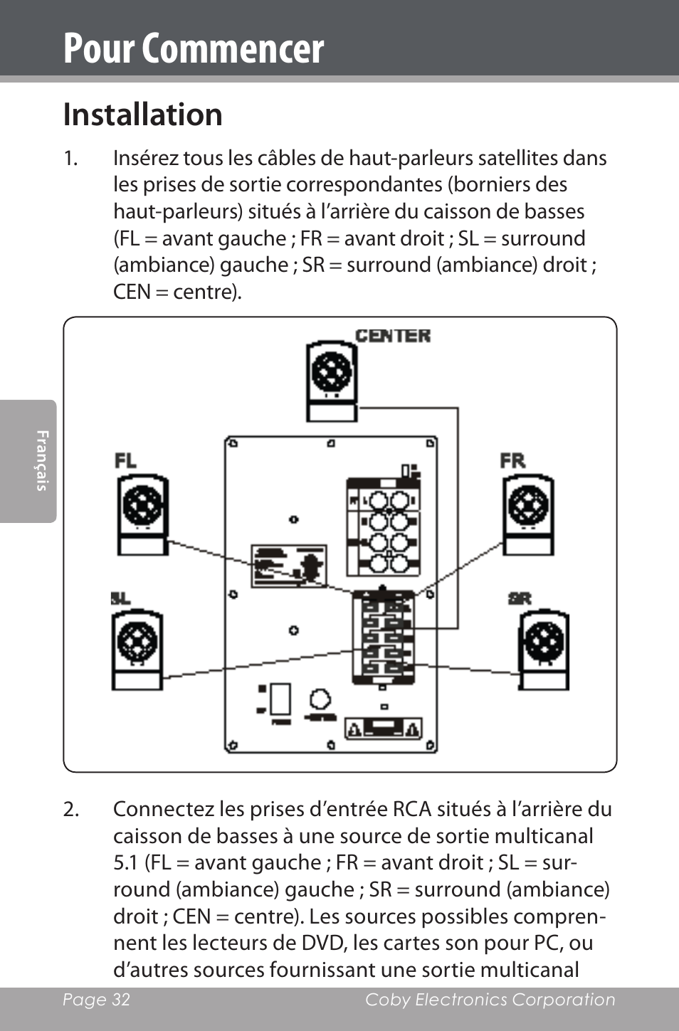 Installation, Pour commencer | COBY electronic CSP96 User Manual | Page 32 / 41