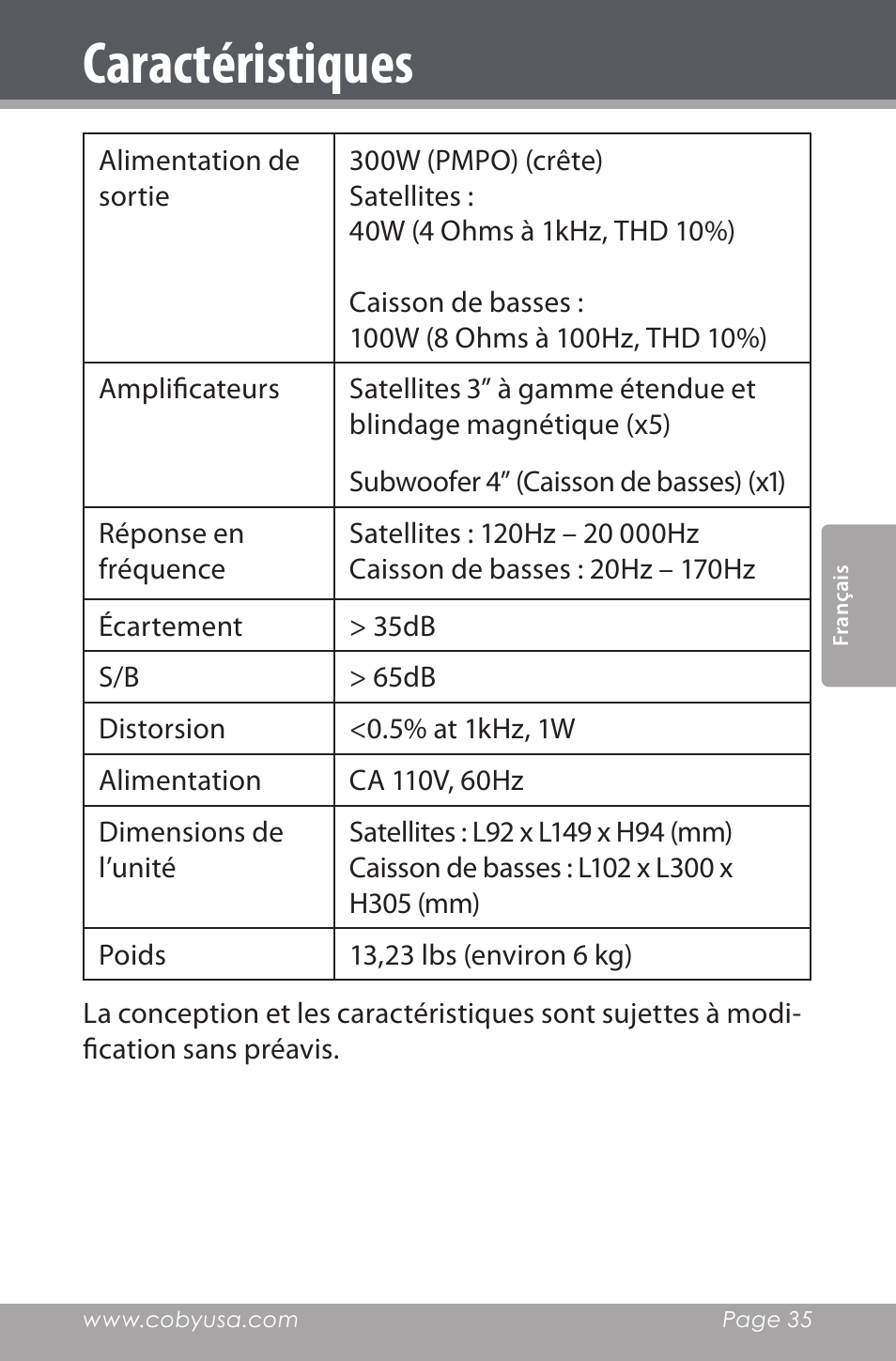 Caractéristiques | COBY electronic CSP96 User Manual | Page 35 / 41