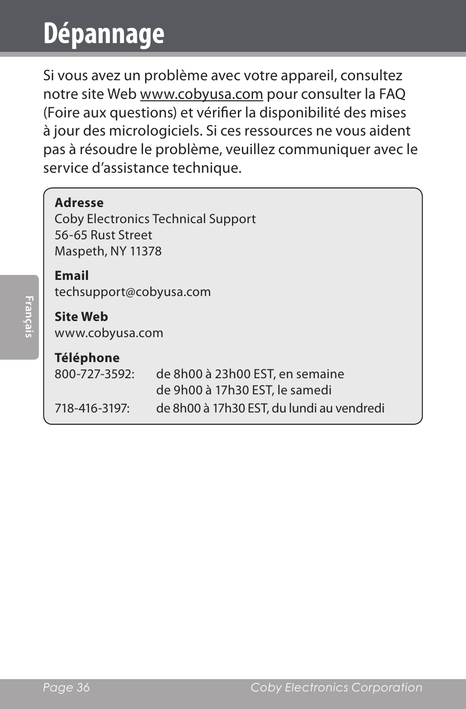 Dépannage | COBY electronic CSP96 User Manual | Page 36 / 41