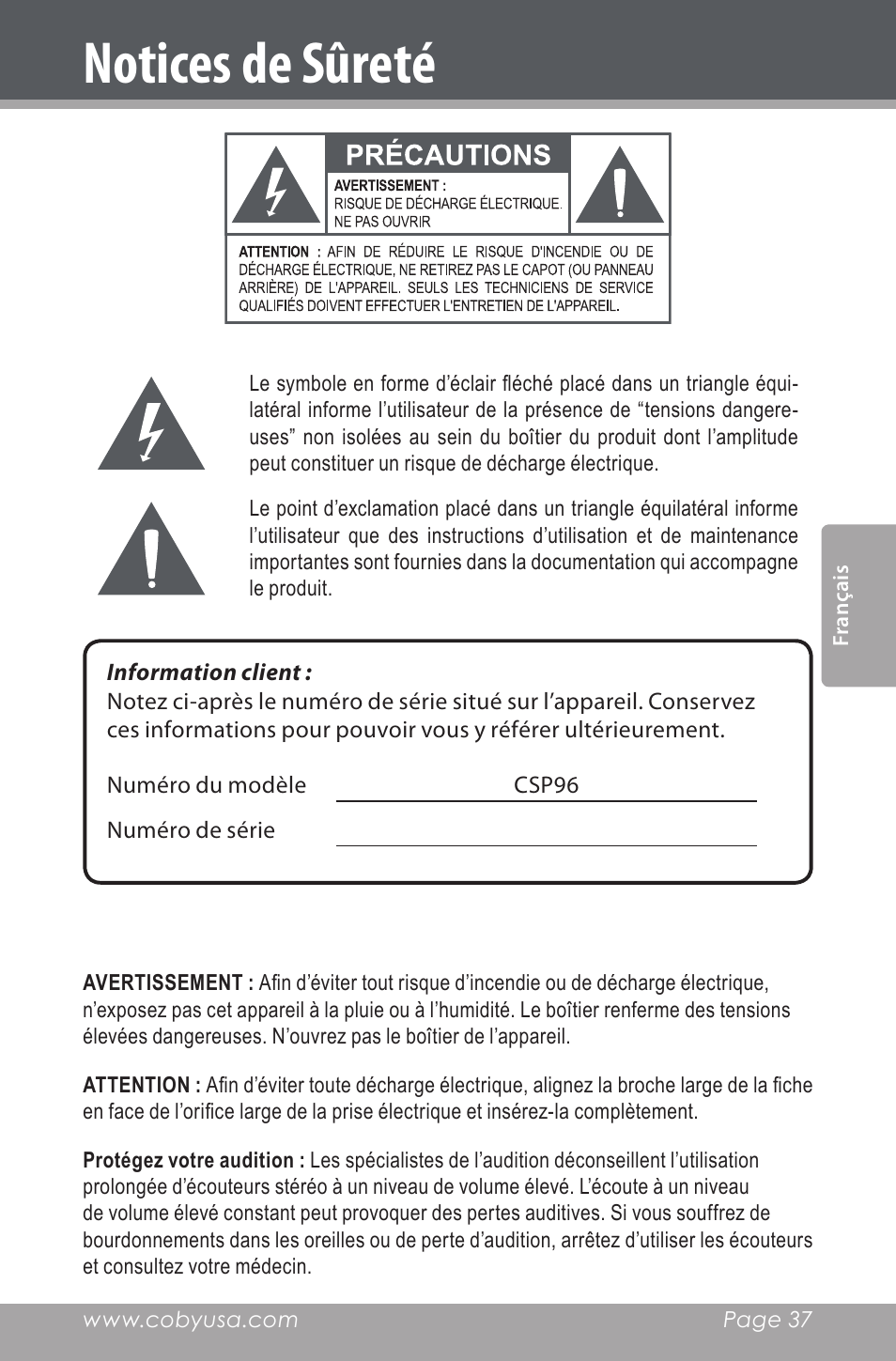 Notices de sûreté | COBY electronic CSP96 User Manual | Page 37 / 41