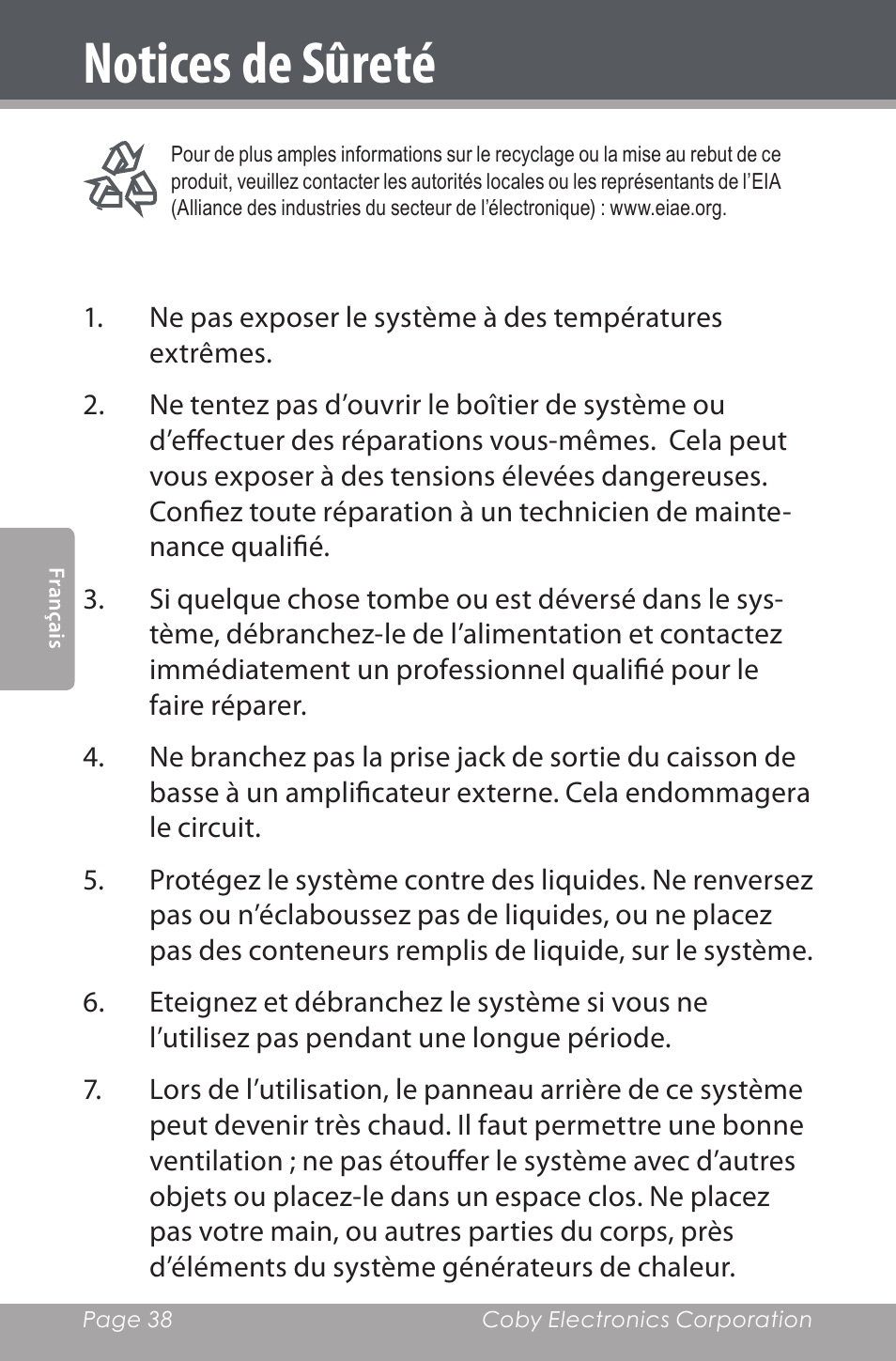 Notices de sûreté | COBY electronic CSP96 User Manual | Page 38 / 41
