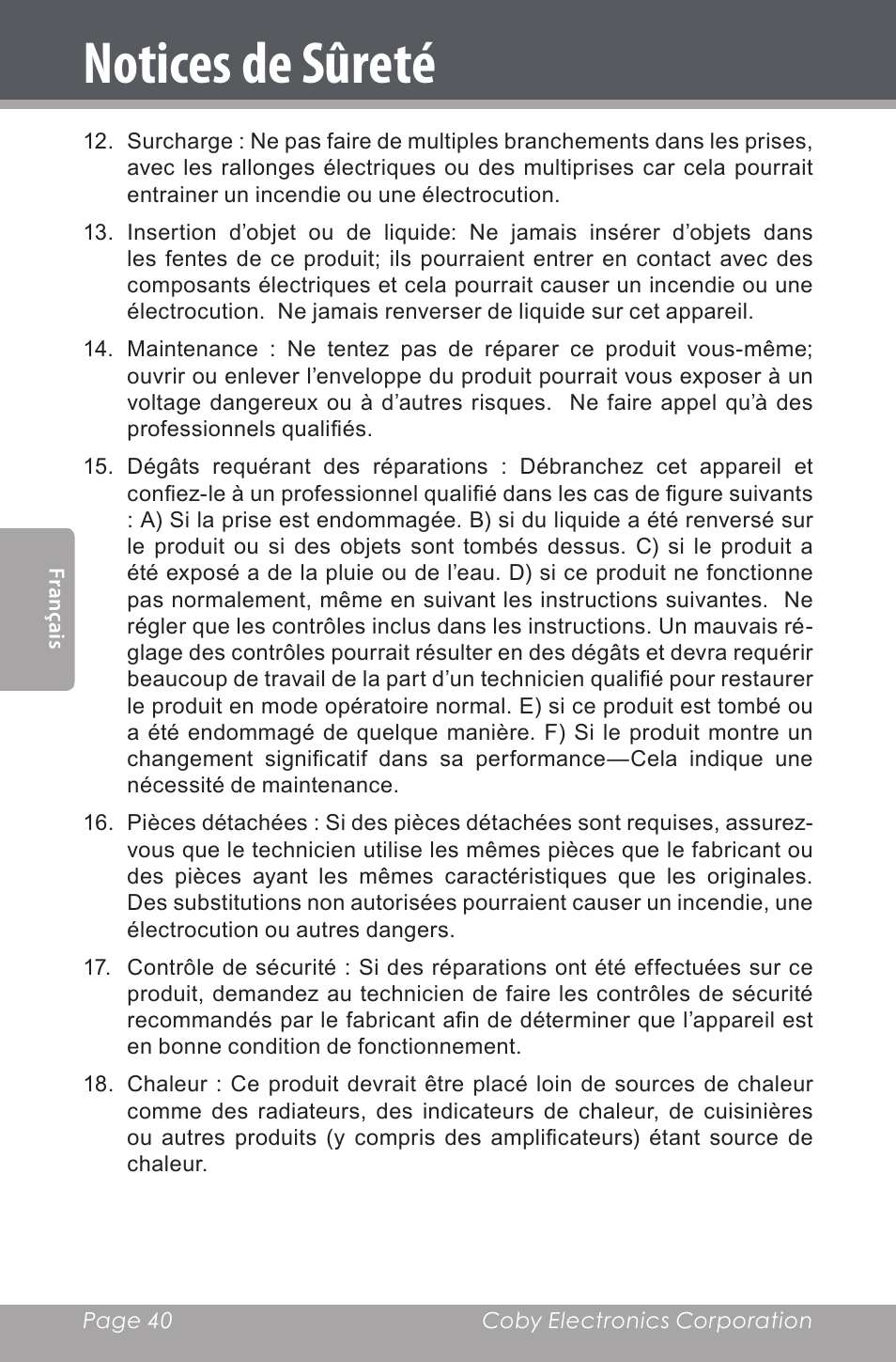 Notices de sûreté | COBY electronic CSP96 User Manual | Page 40 / 41