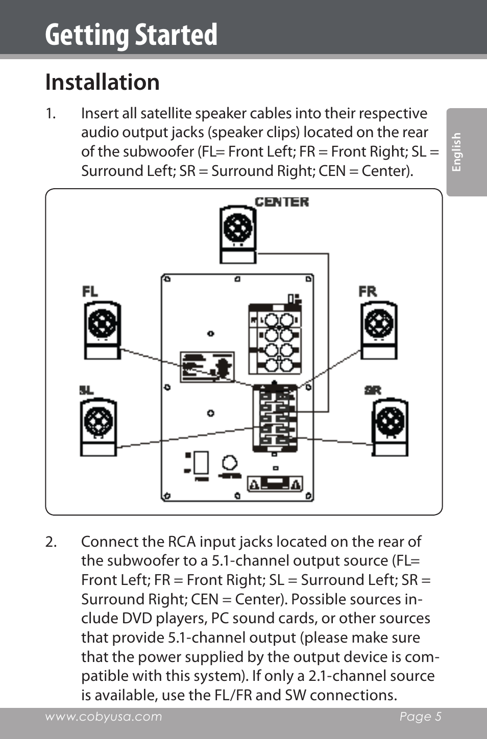 Installation, Getting started | COBY electronic CSP96 User Manual | Page 5 / 41