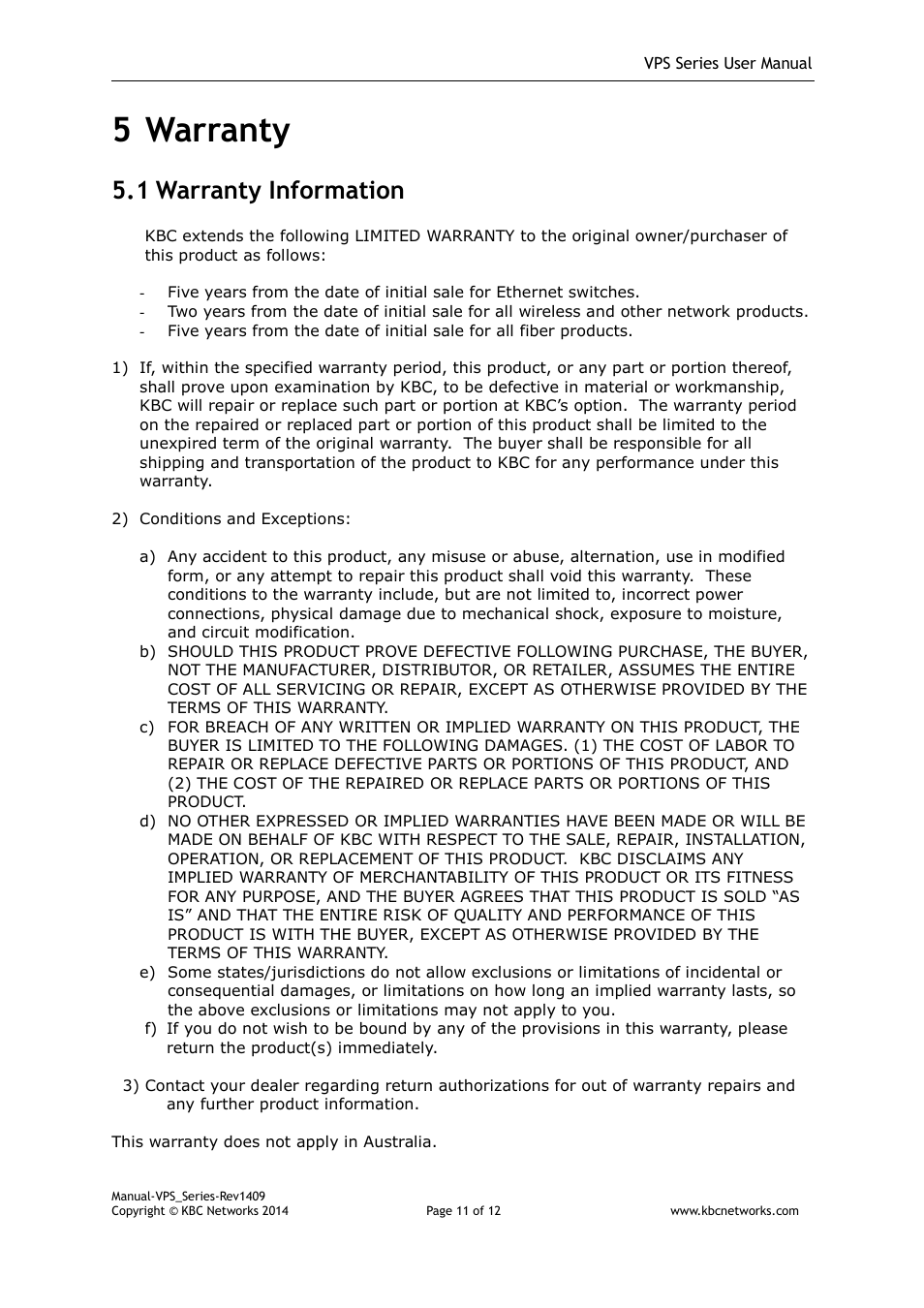 5 warranty, 1 warranty information | KBC Networks VPS Solar Power Kits User Manual | Page 11 / 12