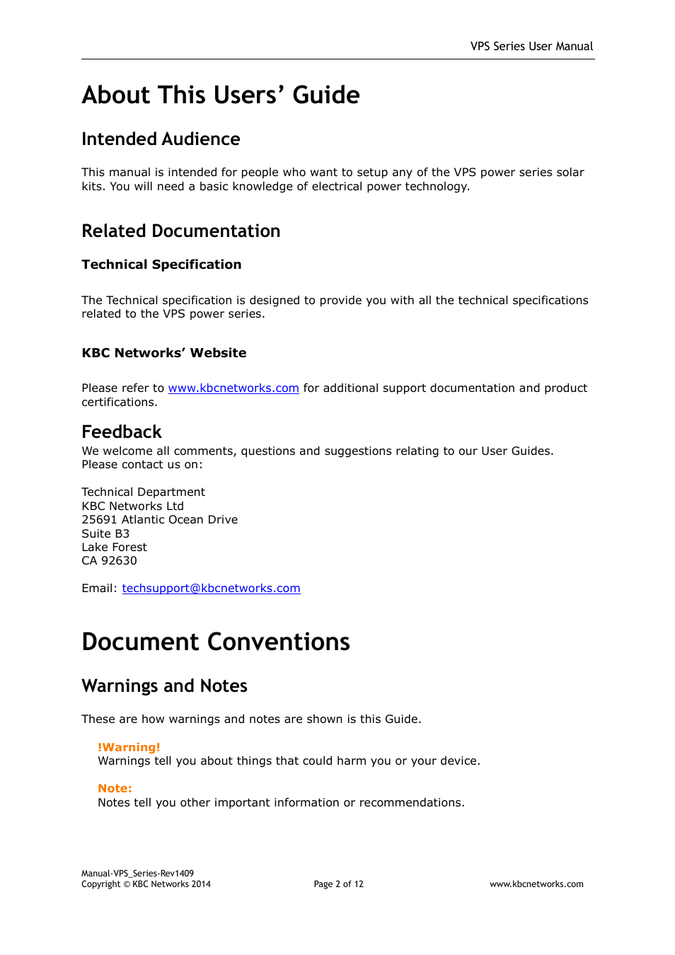 About this users’ guide, Document conventions, Intended audience | Related documentation, Feedback | KBC Networks VPS Solar Power Kits User Manual | Page 2 / 12