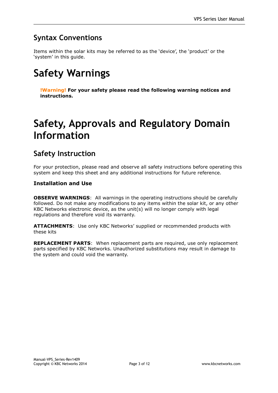 Safety warnings, Syntax conventions, Safety instruction | KBC Networks VPS Solar Power Kits User Manual | Page 3 / 12